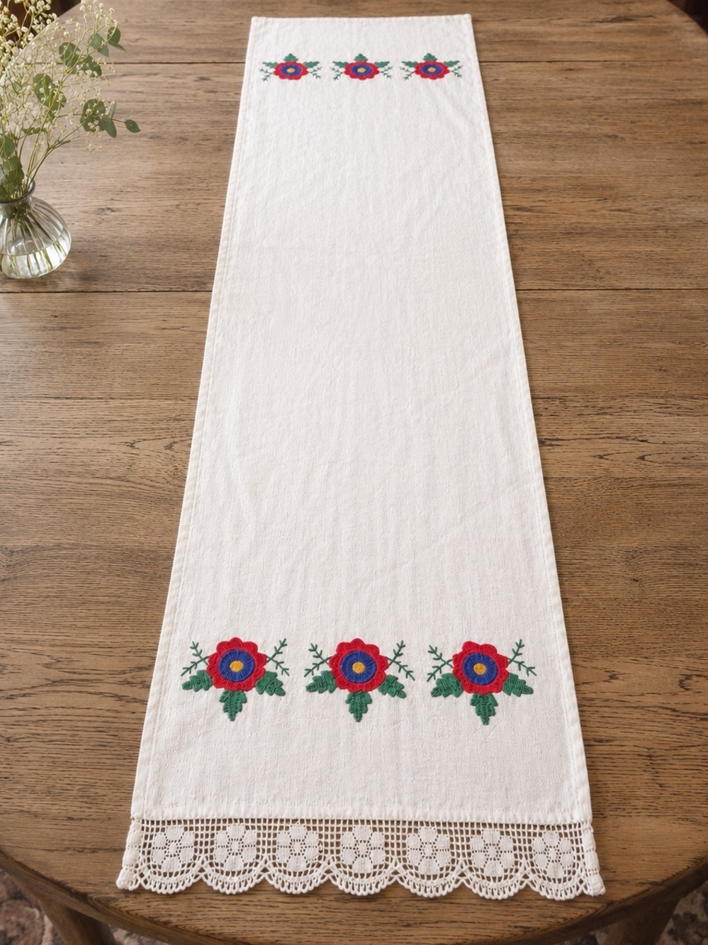 Vintage Embroidered Linen Table Runner Crochet Lace Floral 72"